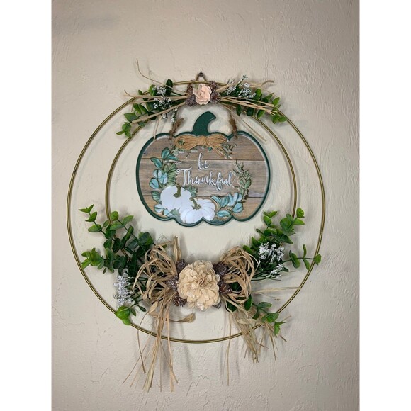 Be Thankful Fall Wreath 14in Eucalyptus Pumpkin Gold Wire Minimalist Decor - Picture 4 of 6